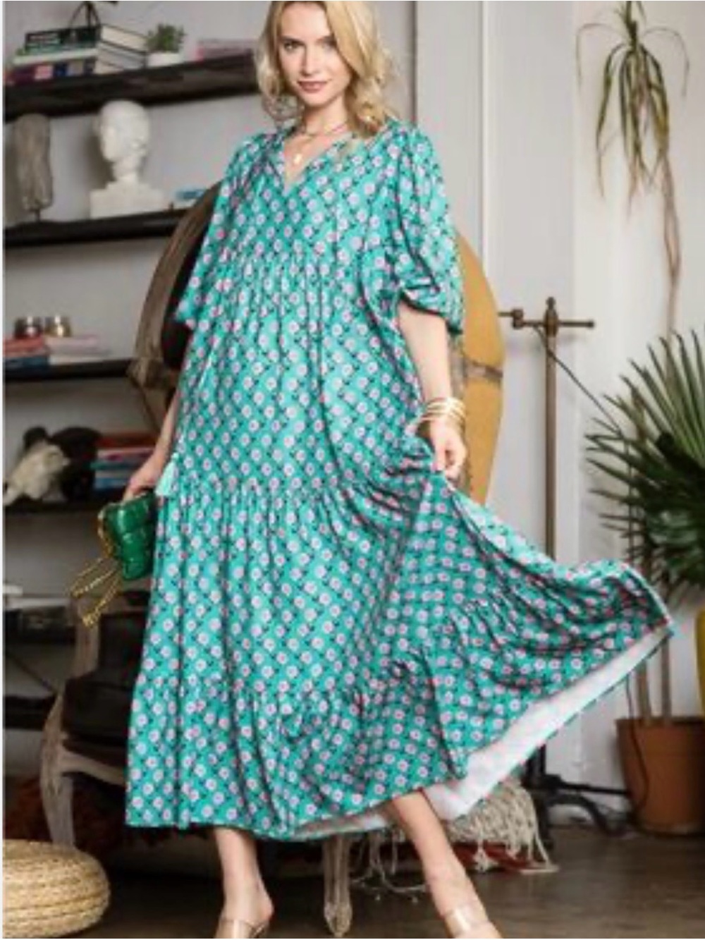Women's Teal Navy Red Geometric Tiered Maxi Dress Puff Sleeve Small / Medium